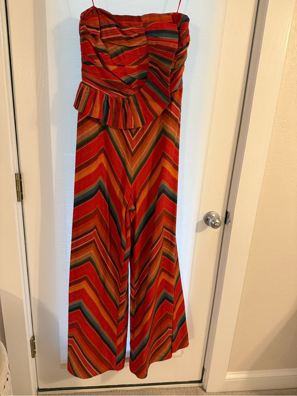Strapless Chevron Wide-Leg Jumpsuit in Red and Orange - Picture 2 of 3